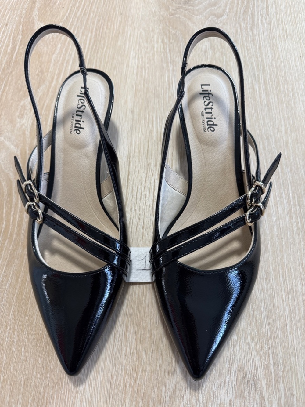 Life Stride Black Patent Pointed Slingback Flats with Double-Strap Detail